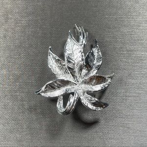 Silver Tone Leaf Textured Brushed Statement Brooch